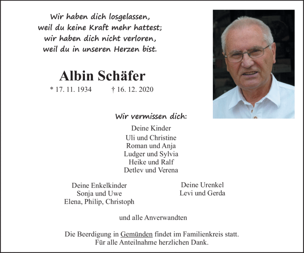 Todesanzeige Albin Schäfer. Quelle: https://trauer.mainpost.de