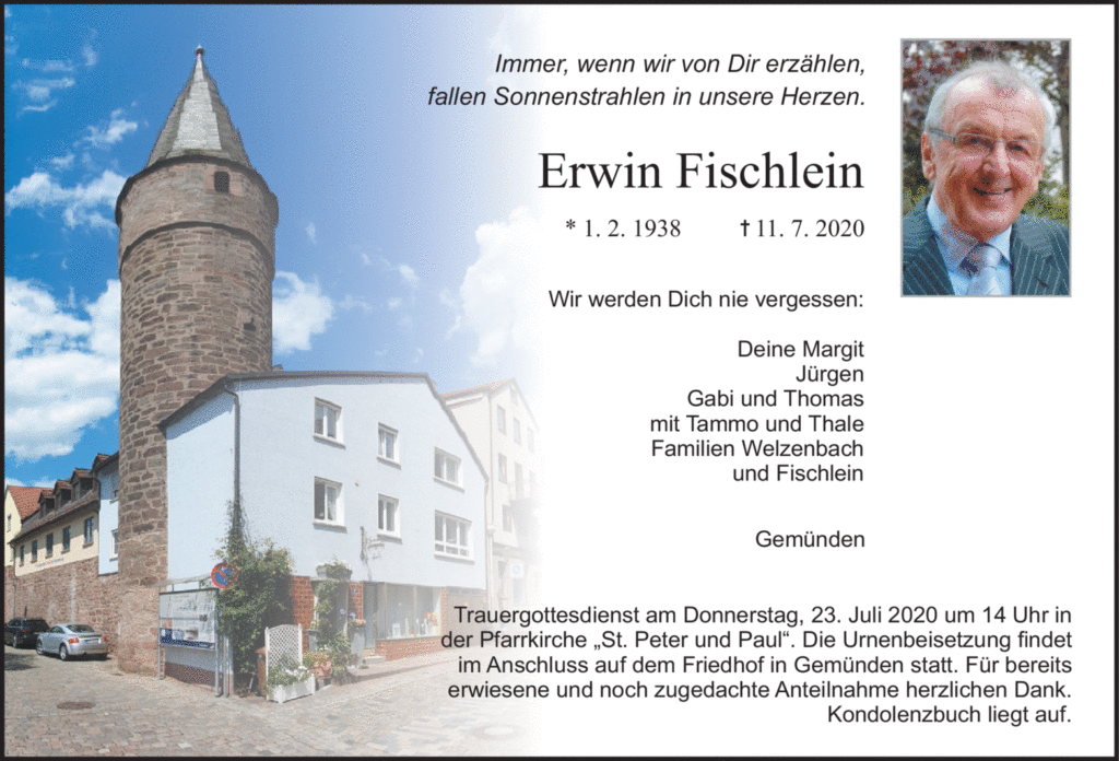 Todesanzeige Erwin Fischlein. Quelle: https://trauer.mainpost.de